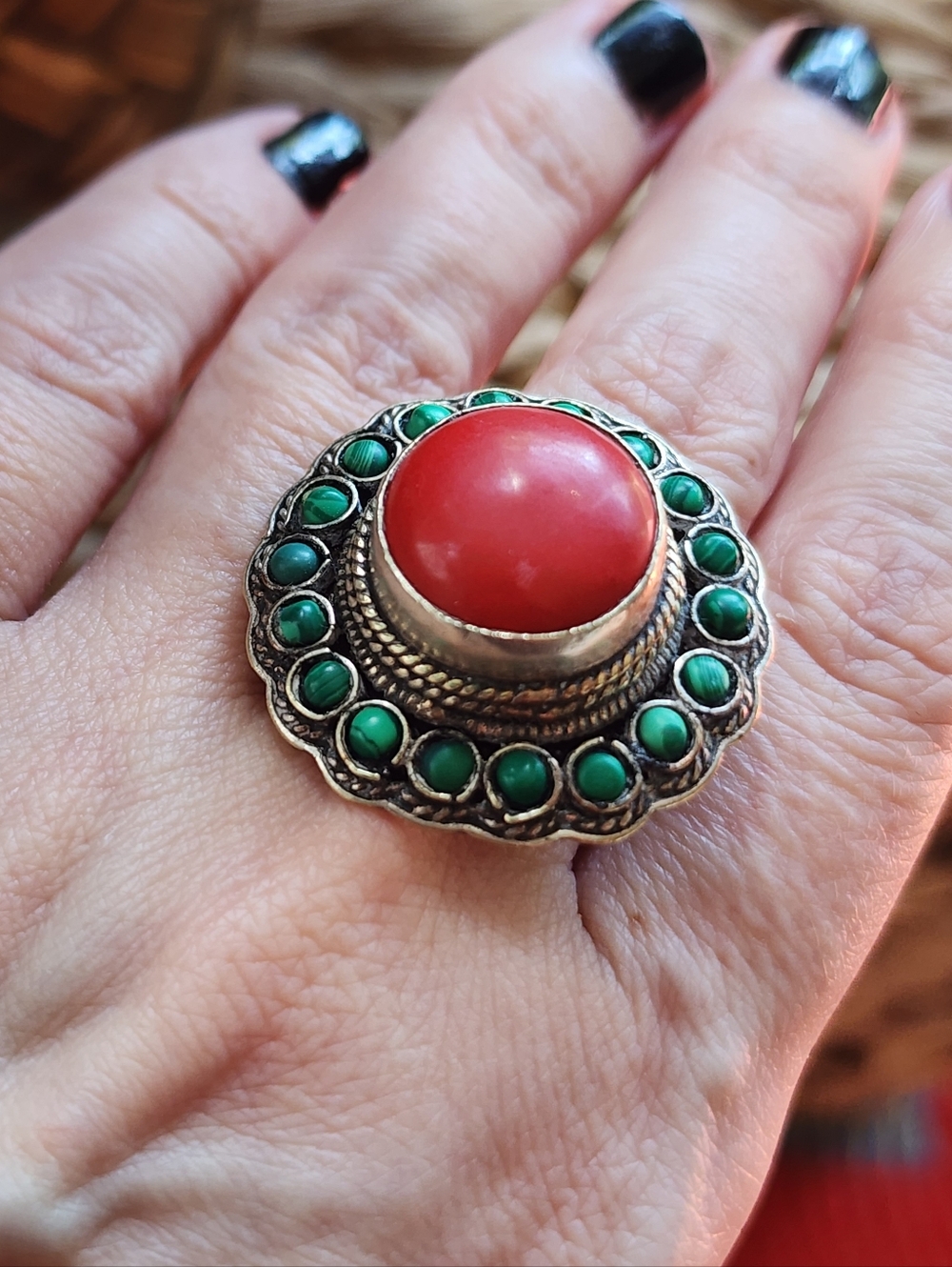 Vintage Malachite And Coral Ring